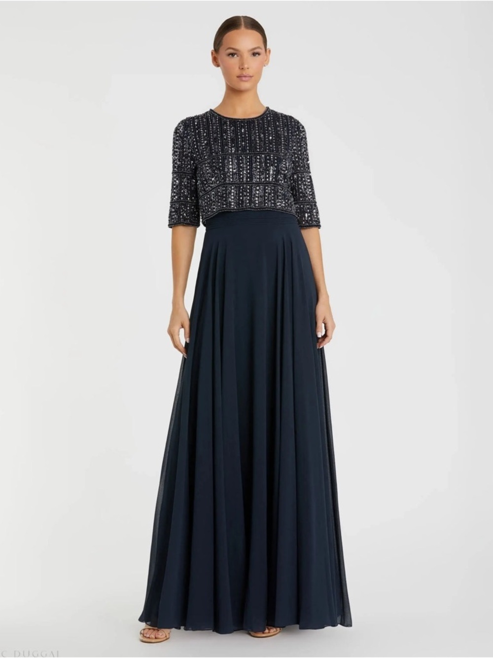 MAC DUGGAL Navy Bead Embellished Chiffon Gown 12